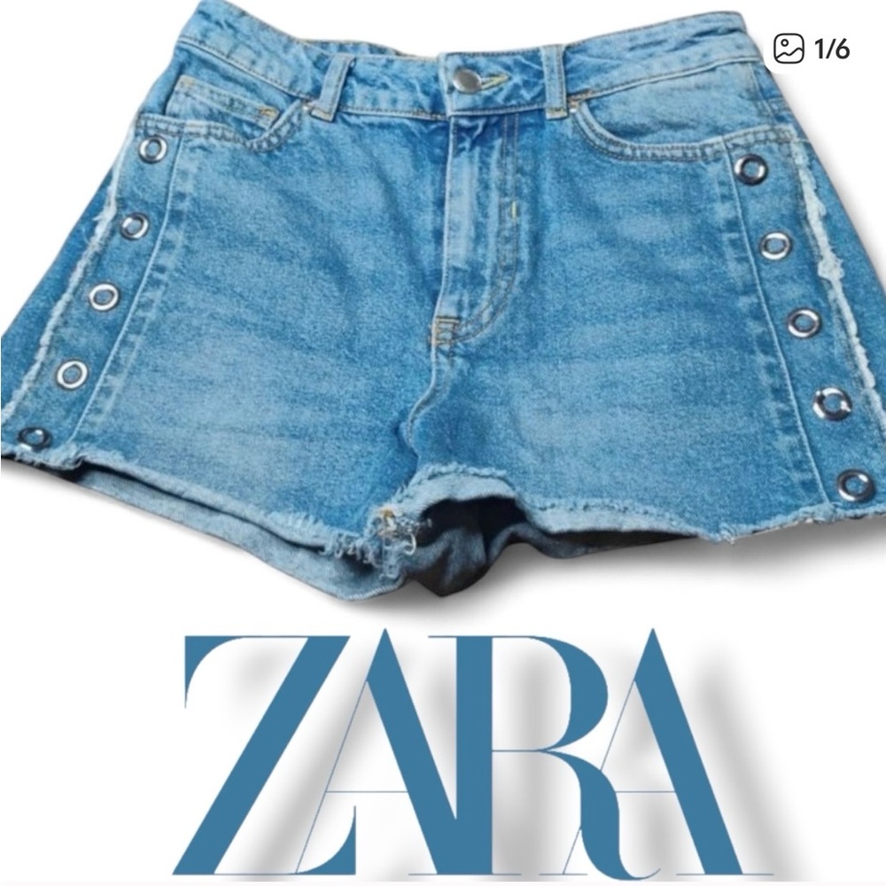 Zara Blue Jean Shorts with Frayed Hem and High Waist